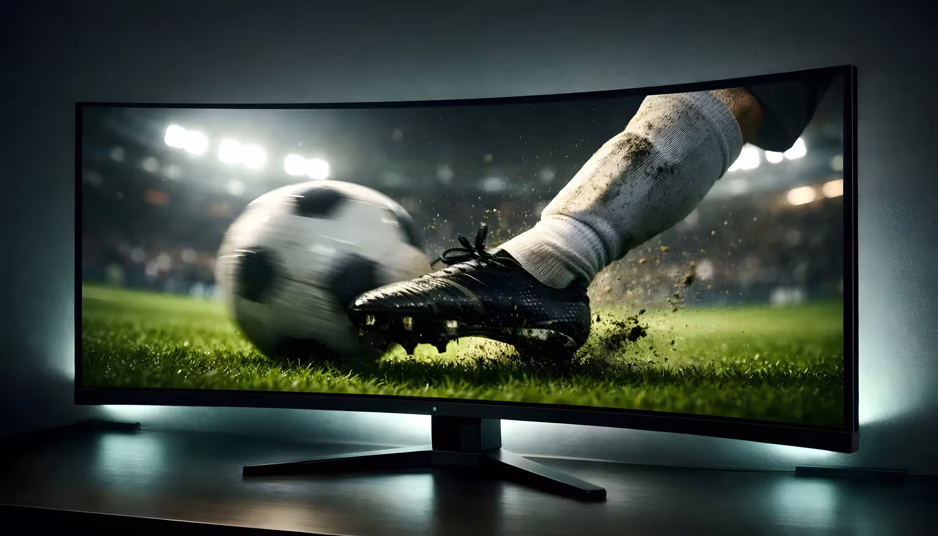 Simulación de partido de fútbol virtual en pantalla con iluminación de estadio