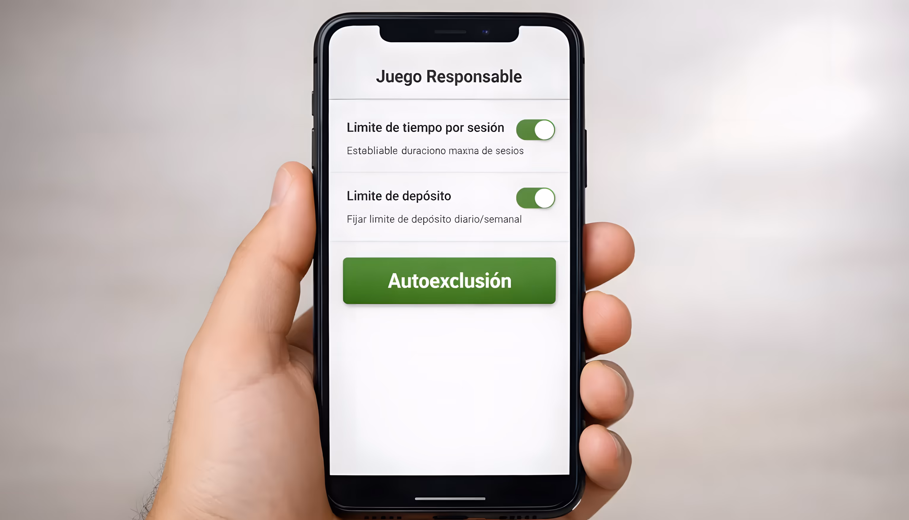 Pantalla de plataforma mostrando opciones de juego responsable y límites de sesión