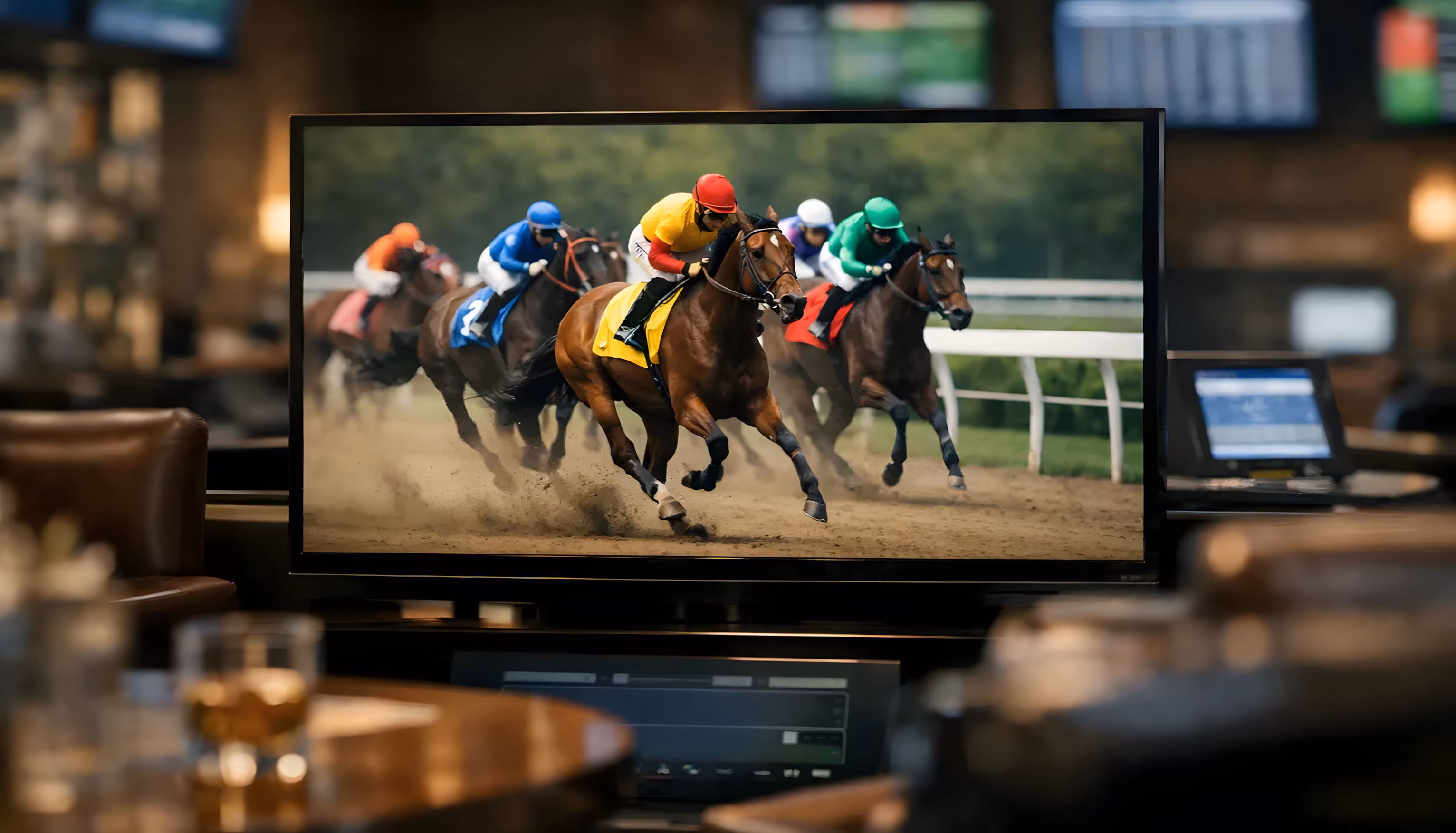 Pantalla de terminal mostrando una carrera de caballos virtual en un salón de juego